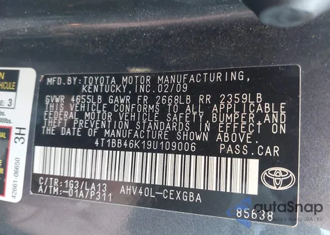 2009 Toyota Camry Hybrid из США, поврежденный, VIN 4T1BB46K19U109006